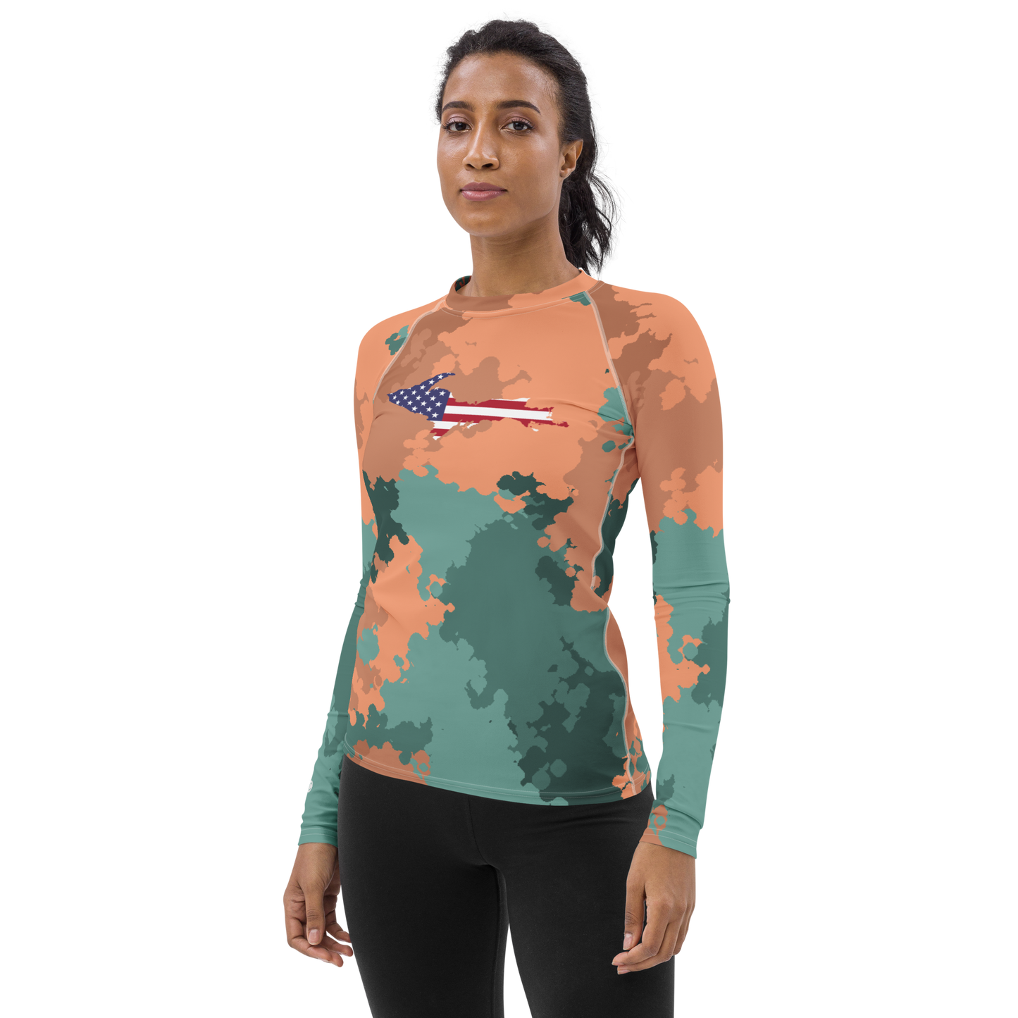 Michigan Upper Peninsula Rash Guard (w/ UP USA Flag) | Women's - Copper Country Camo