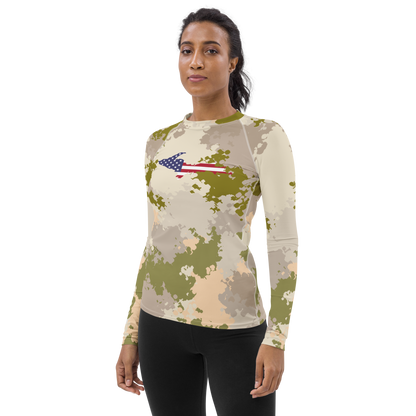 Michigan Upper Peninsula Rash Guard (w/ UP USA Flag) | Women's - Rosy Mound Camo