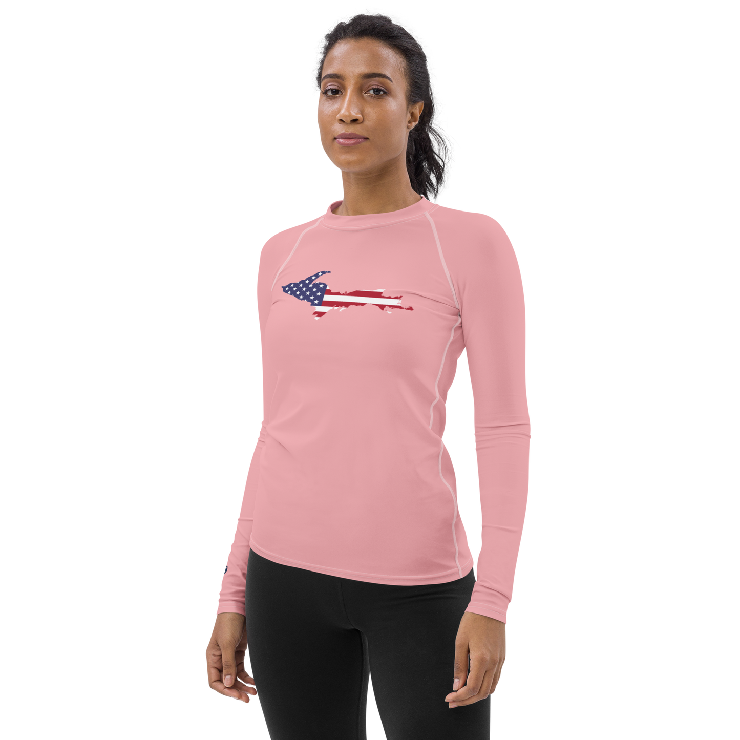 Michigan Upper Peninsula Rash Guard (w/ UP USA Flag) | Women's - Strawberry Pink