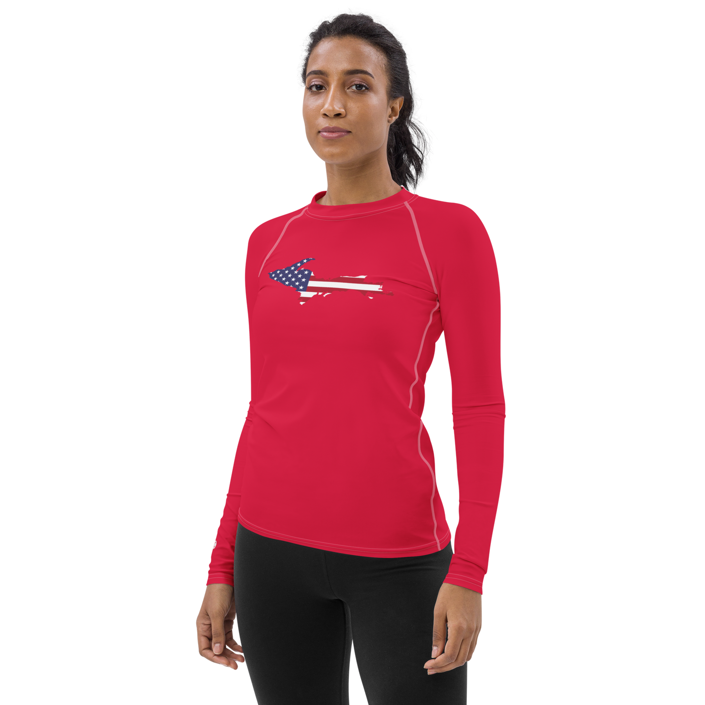 Michigan Upper Peninsula Rash Guard (w/ UP USA Flag) | Women's - Lighthouse Red