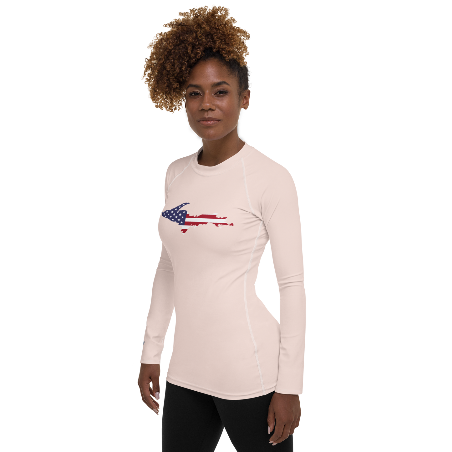 Michigan Upper Peninsula Rash Guard (w/ UP USA Flag) | Women's - Champagne Pink