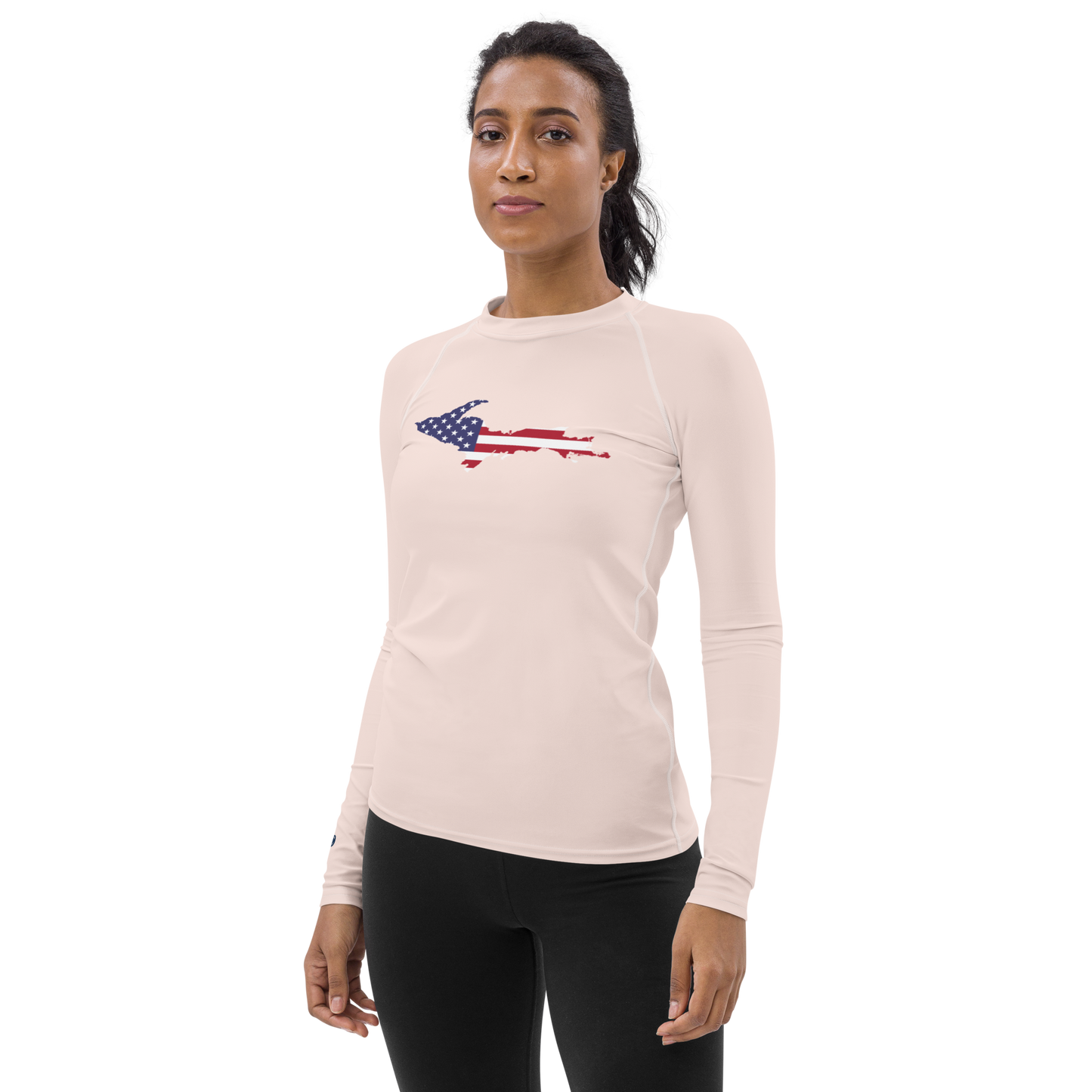 Michigan Upper Peninsula Rash Guard (w/ UP USA Flag) | Women's - Champagne Pink