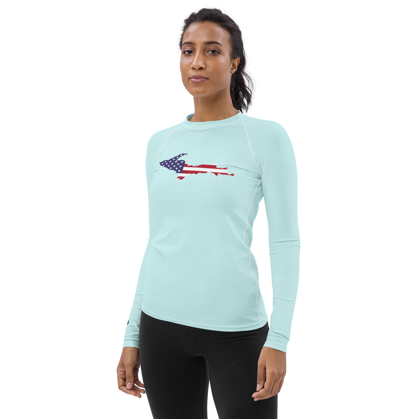 Michigan Upper Peninsula Rash Guard (w/ UP USA Flag) | Women's - Cyan