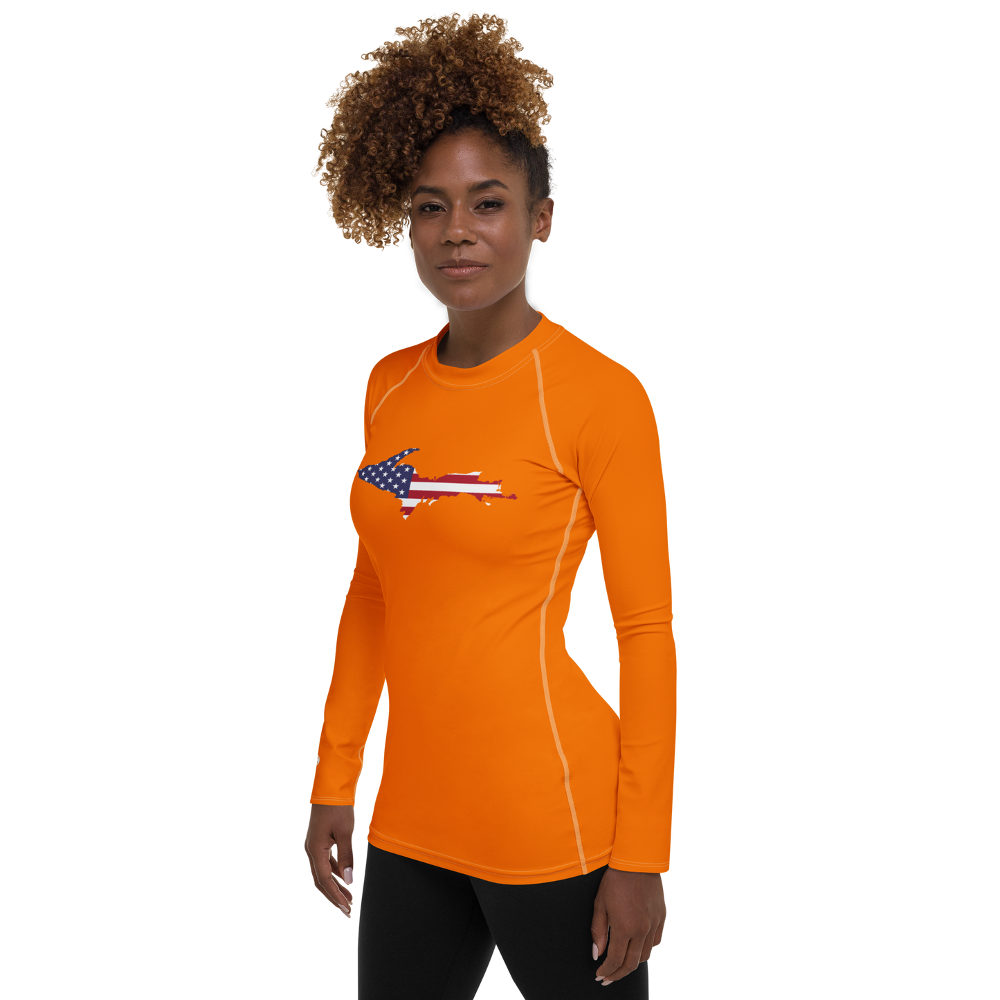 Michigan Upper Peninsula Rash Guard (w/ UP USA Flag) | Women's - Safety Orange