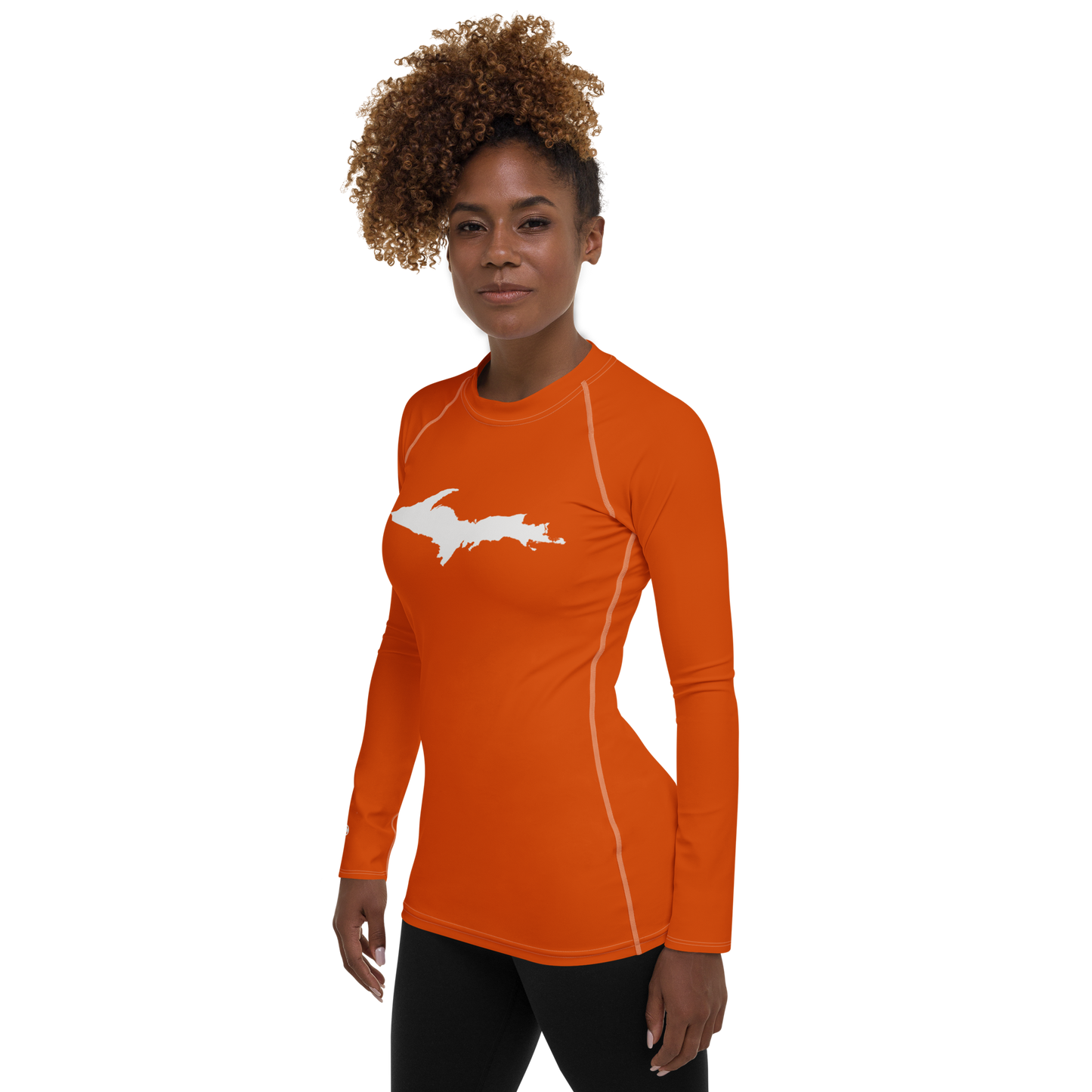 Michigan Upper Peninsula Rash Guard (w/ UP Outline) | Women's - Maple Leaf Orange