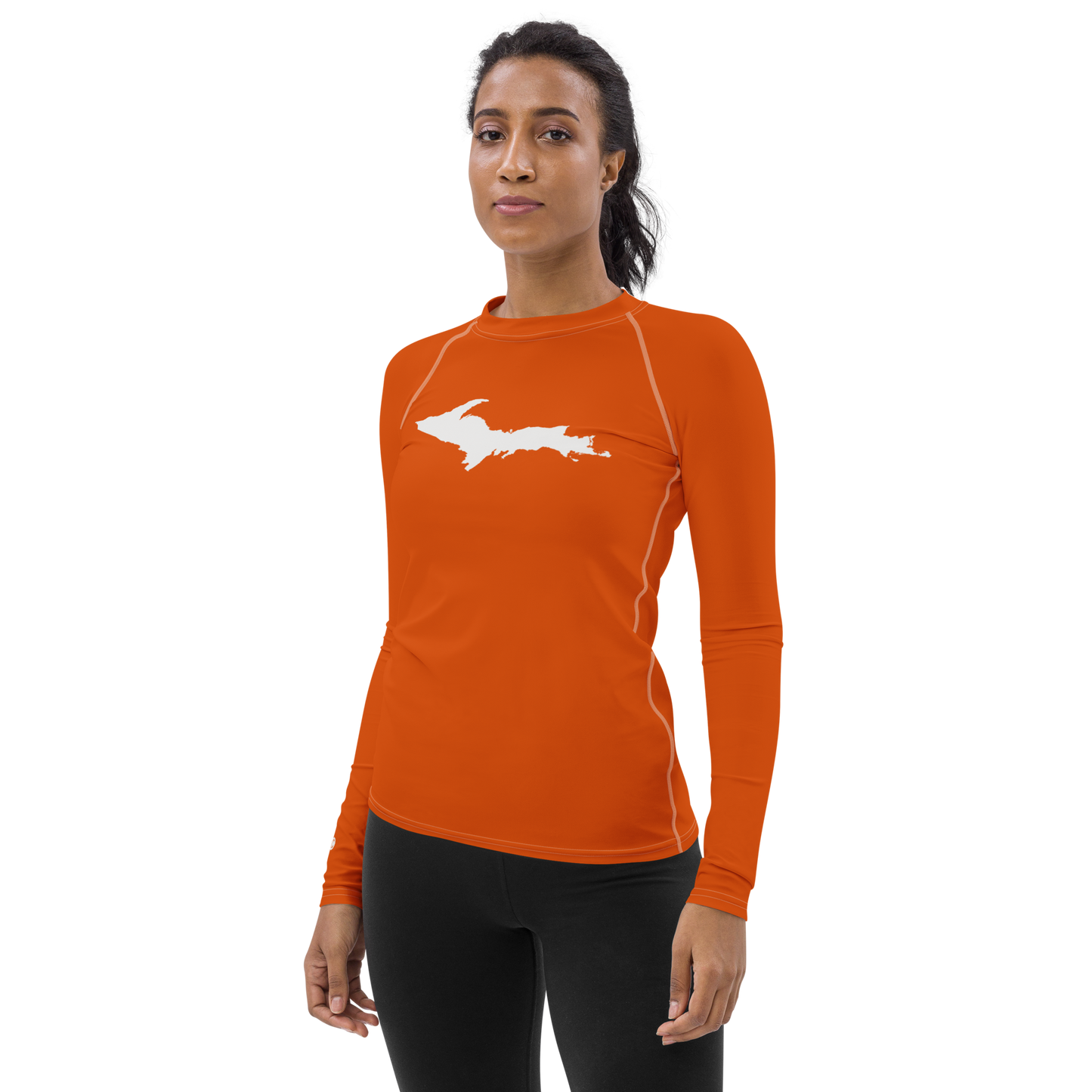 Michigan Upper Peninsula Rash Guard (w/ UP Outline) | Women's - Maple Leaf Orange