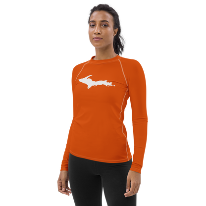 Michigan Upper Peninsula Rash Guard (w/ UP Outline) | Women's - Maple Leaf Orange