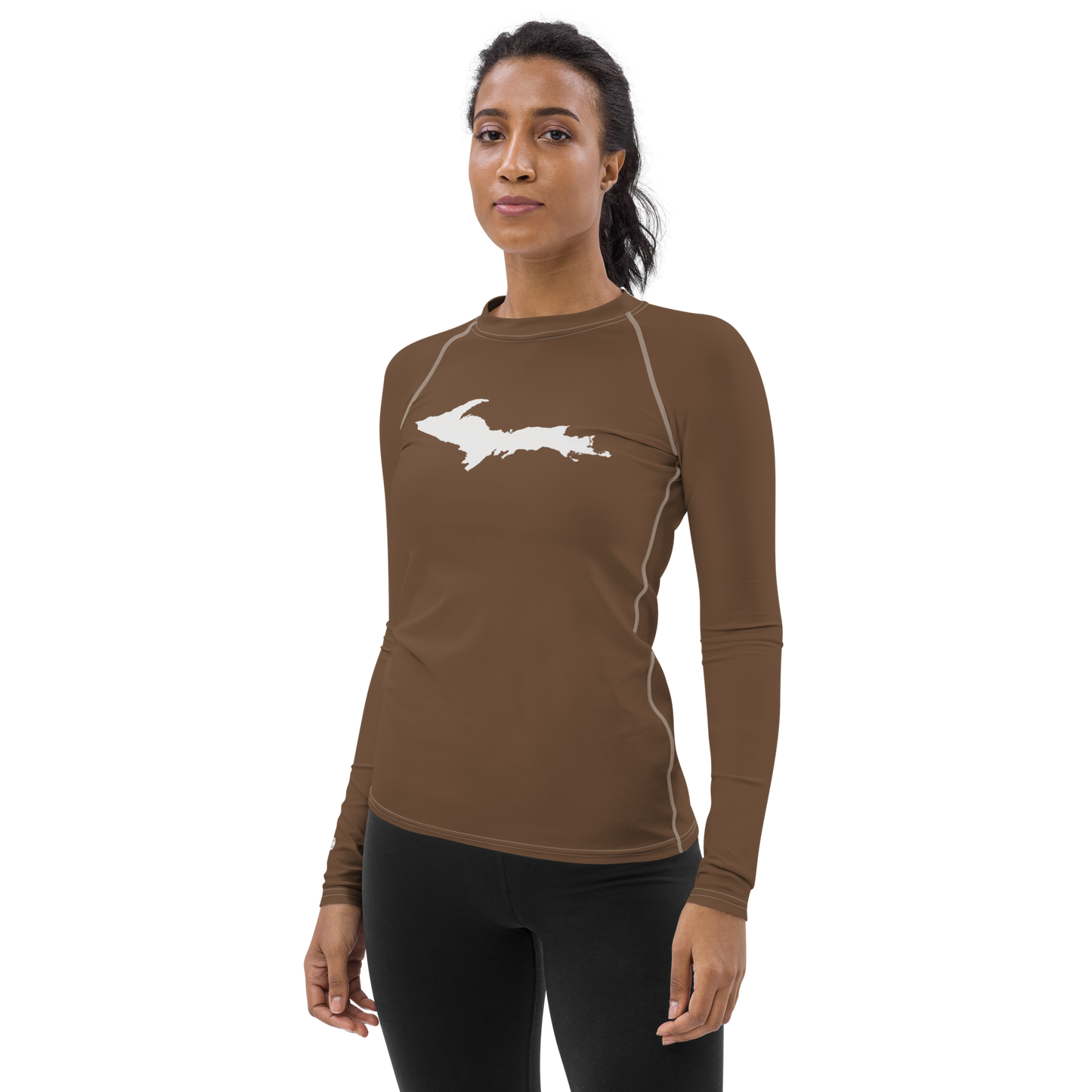 Michigan Upper Peninsula Rash Guard (w/ UP Outline) | Women's - Coffee Color