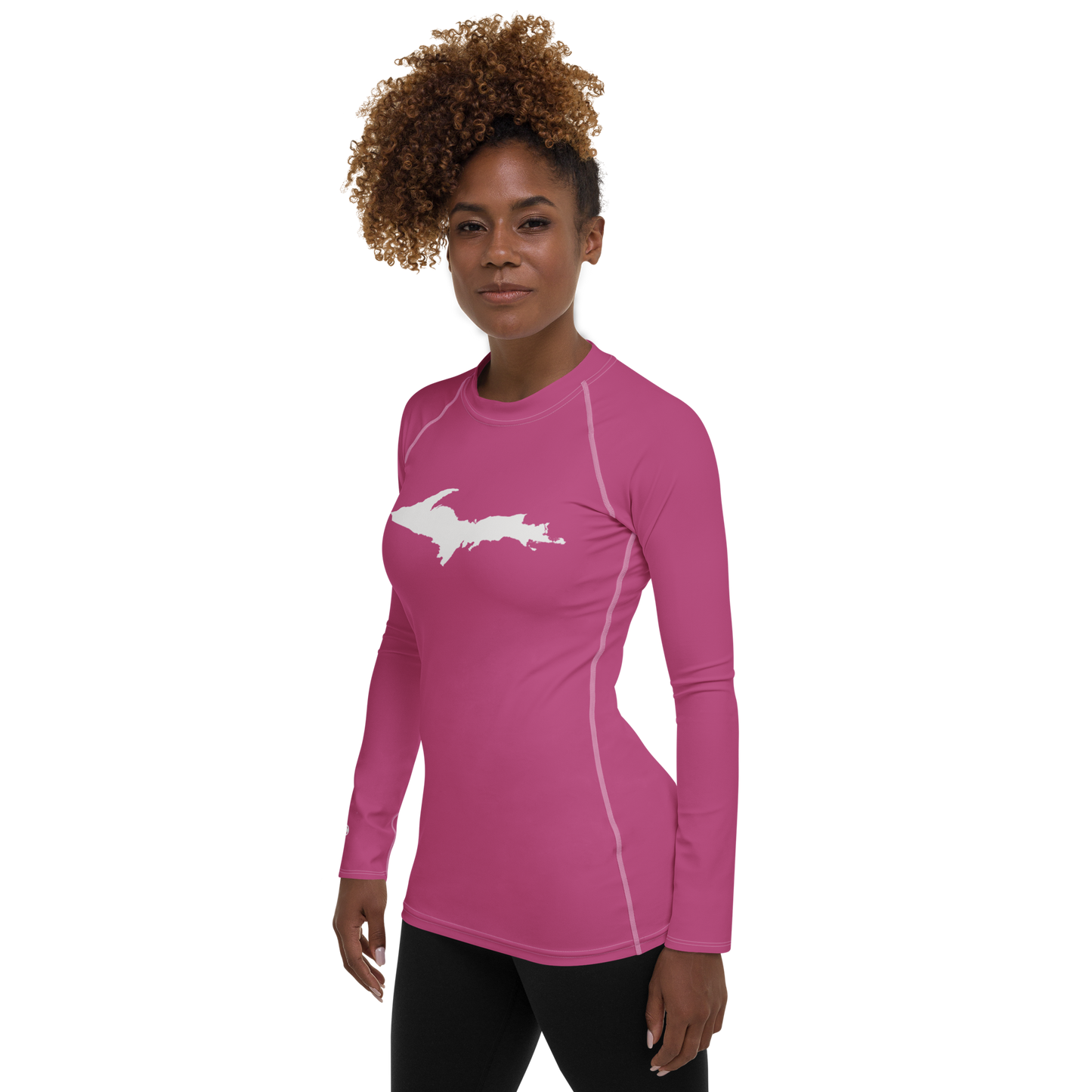 Michigan Upper Peninsula Rash Guard (w/ UP Outline) | Women's - Apple Blossom Pink