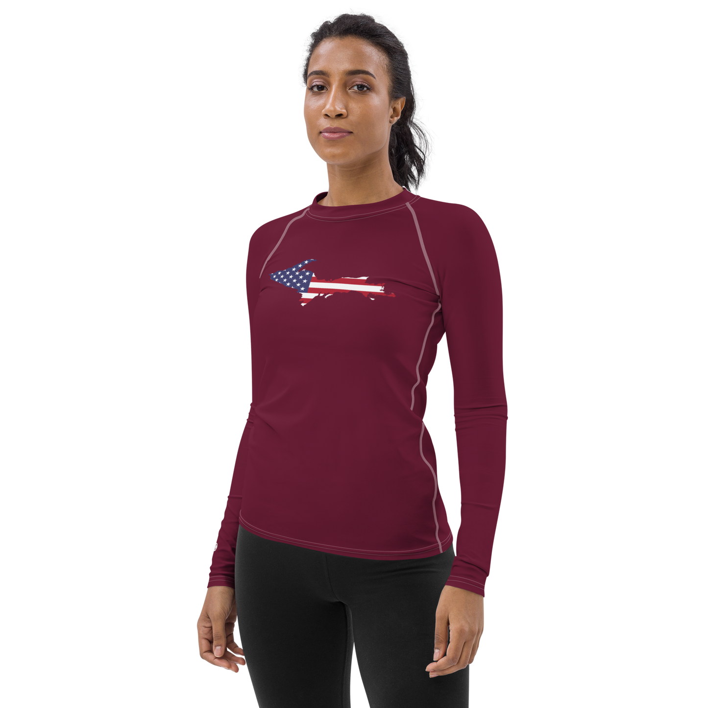 Michigan Upper Peninsula Rash Guard (w/ UP USA Flag) | Women's - Old Mission Burgundy