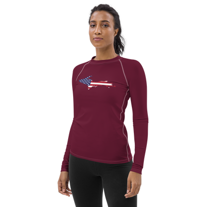 Michigan Upper Peninsula Rash Guard (w/ UP USA Flag) | Women's - Old Mission Burgundy