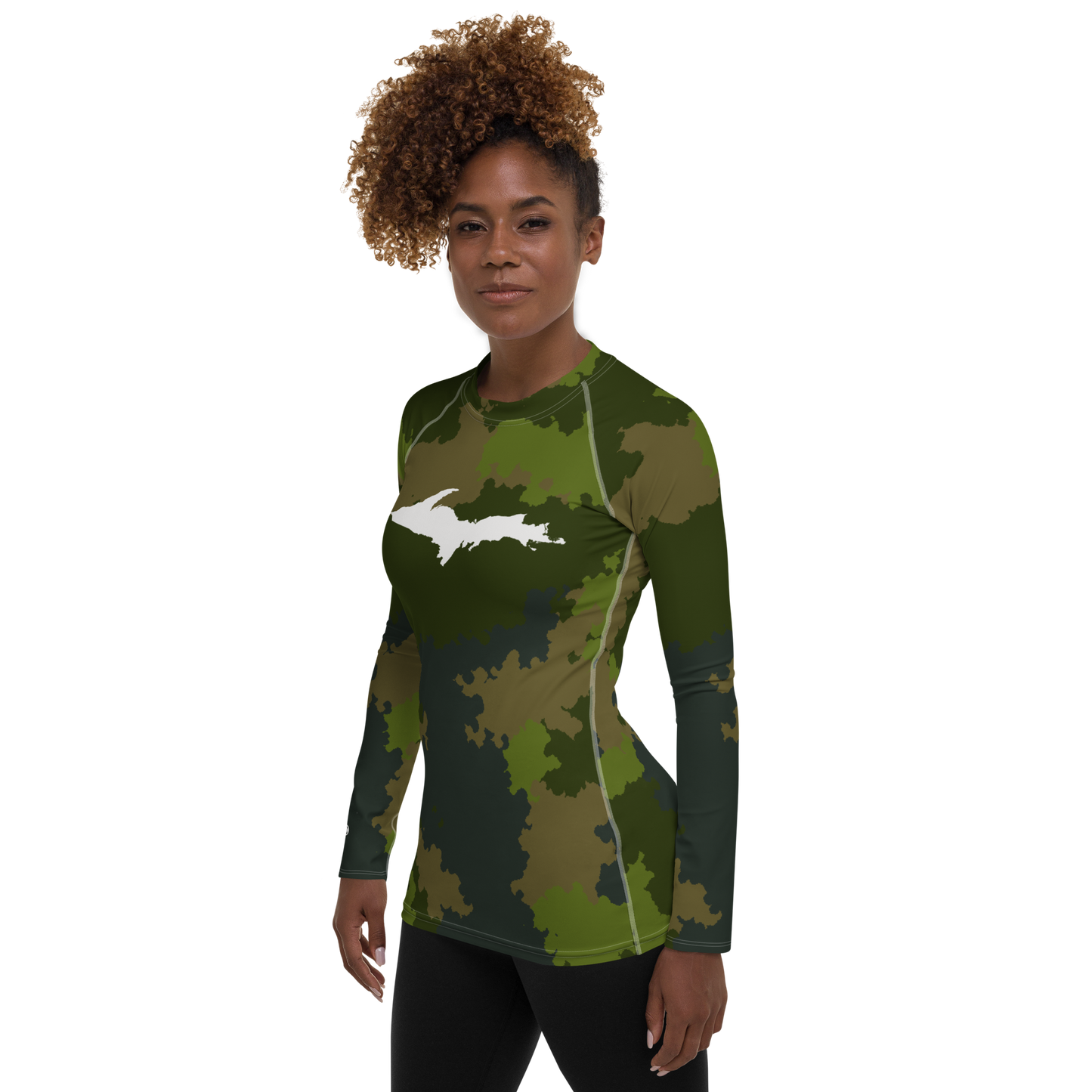 Michigan Upper Peninsula Rash Guard (w/ UP Outline) | Women's - Woodland Camo