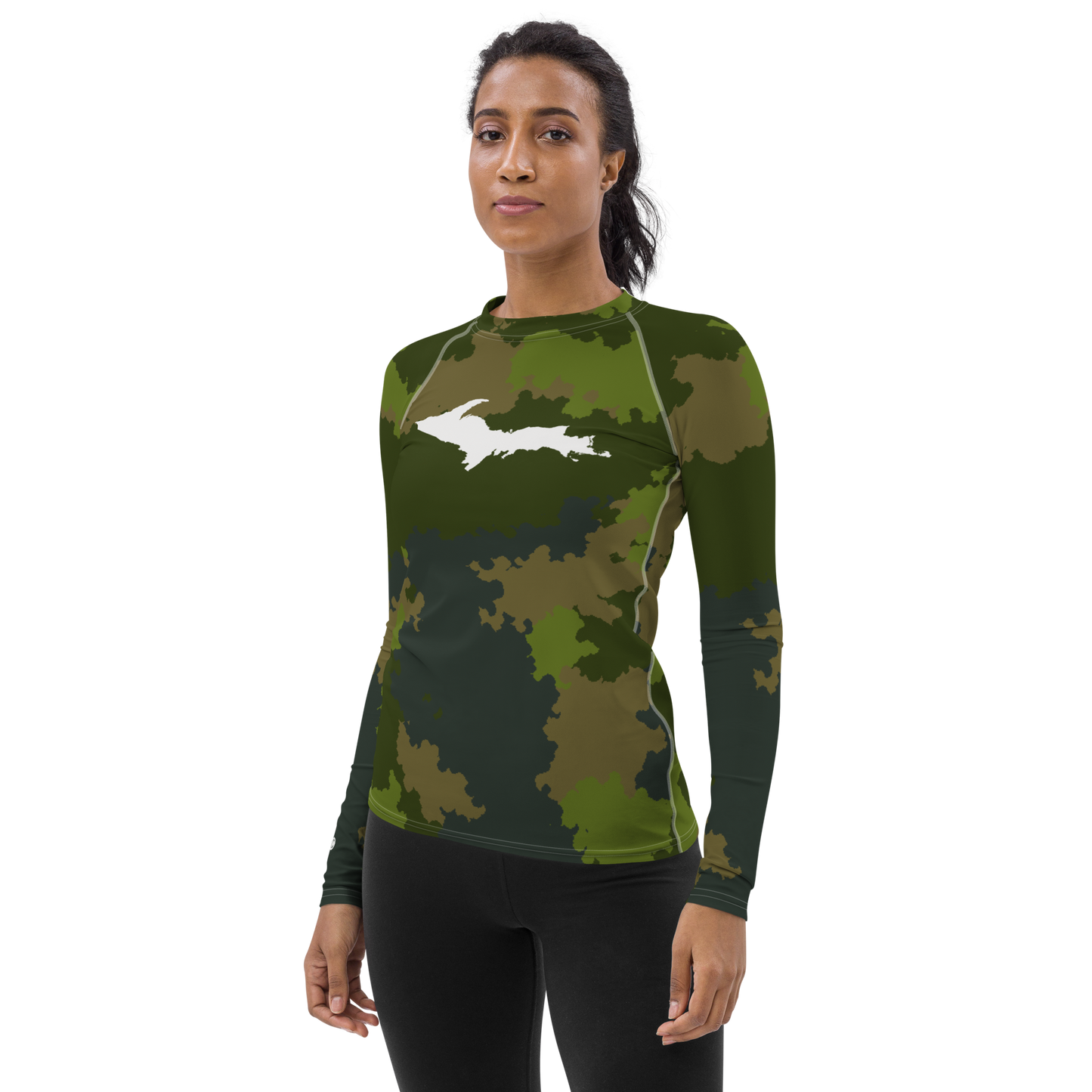 Michigan Upper Peninsula Rash Guard (w/ UP Outline) | Women's - Woodland Camo