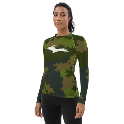 Michigan Upper Peninsula Rash Guard (w/ UP Outline) | Women's - Woodland Camo