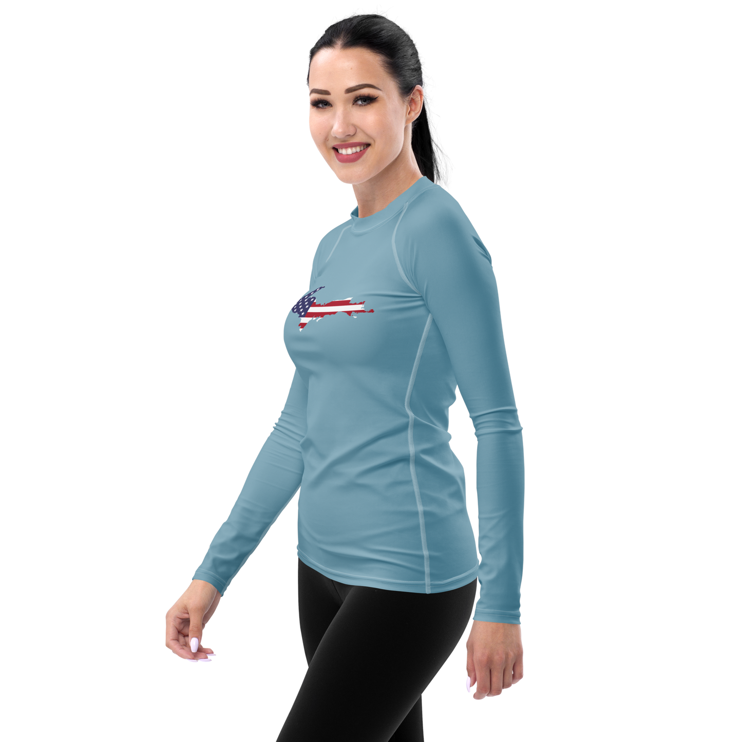 Michigan Upper Peninsula Rash Guard (w/ UP USA Flag) | Women's - Opal Blue