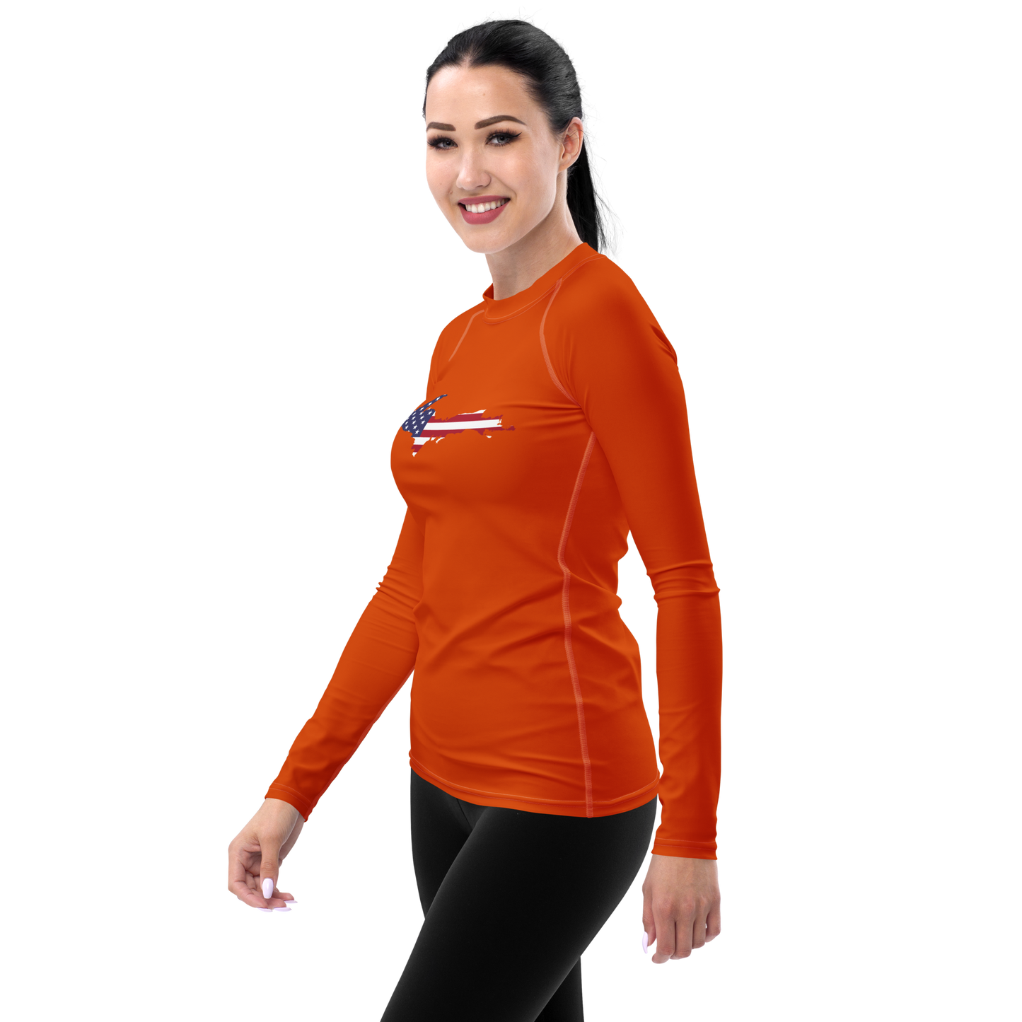 Michigan Upper Peninsula Rash Guard (w/ UP USA Flag) | Women's - Maple Leaf Orange