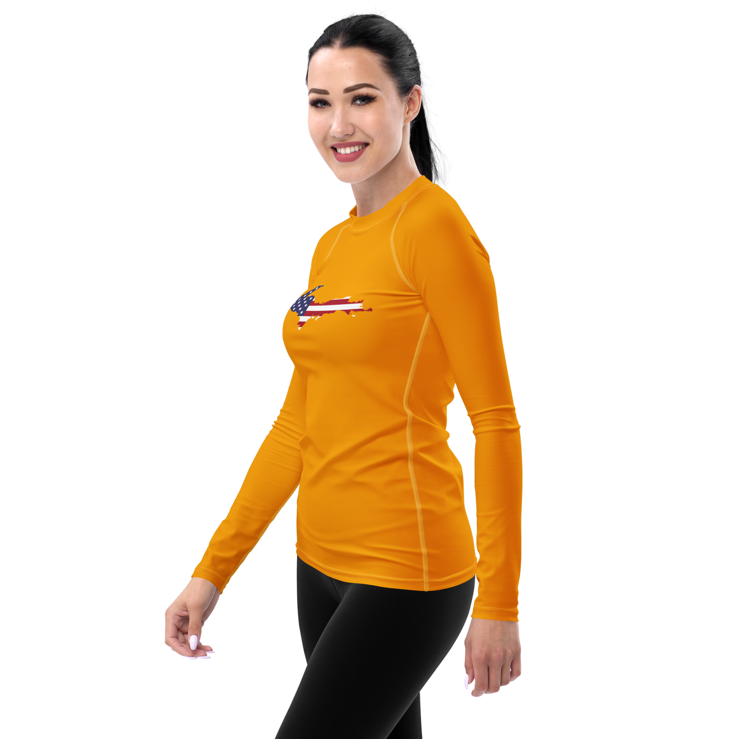 Michigan Upper Peninsula Rash Guard (w/ UP USA Flag) | Women's - Birch Leaf Orange