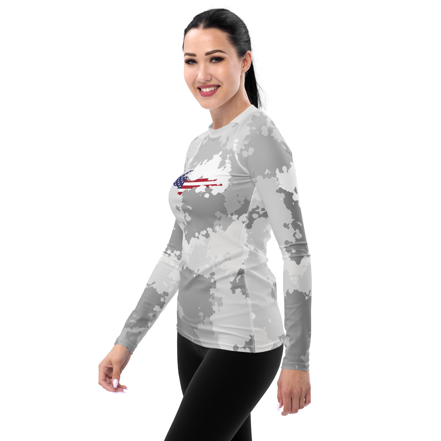 Michigan Upper Peninsula Rash Guard (w/ UP USA Flag) | Women's - Snow Camo