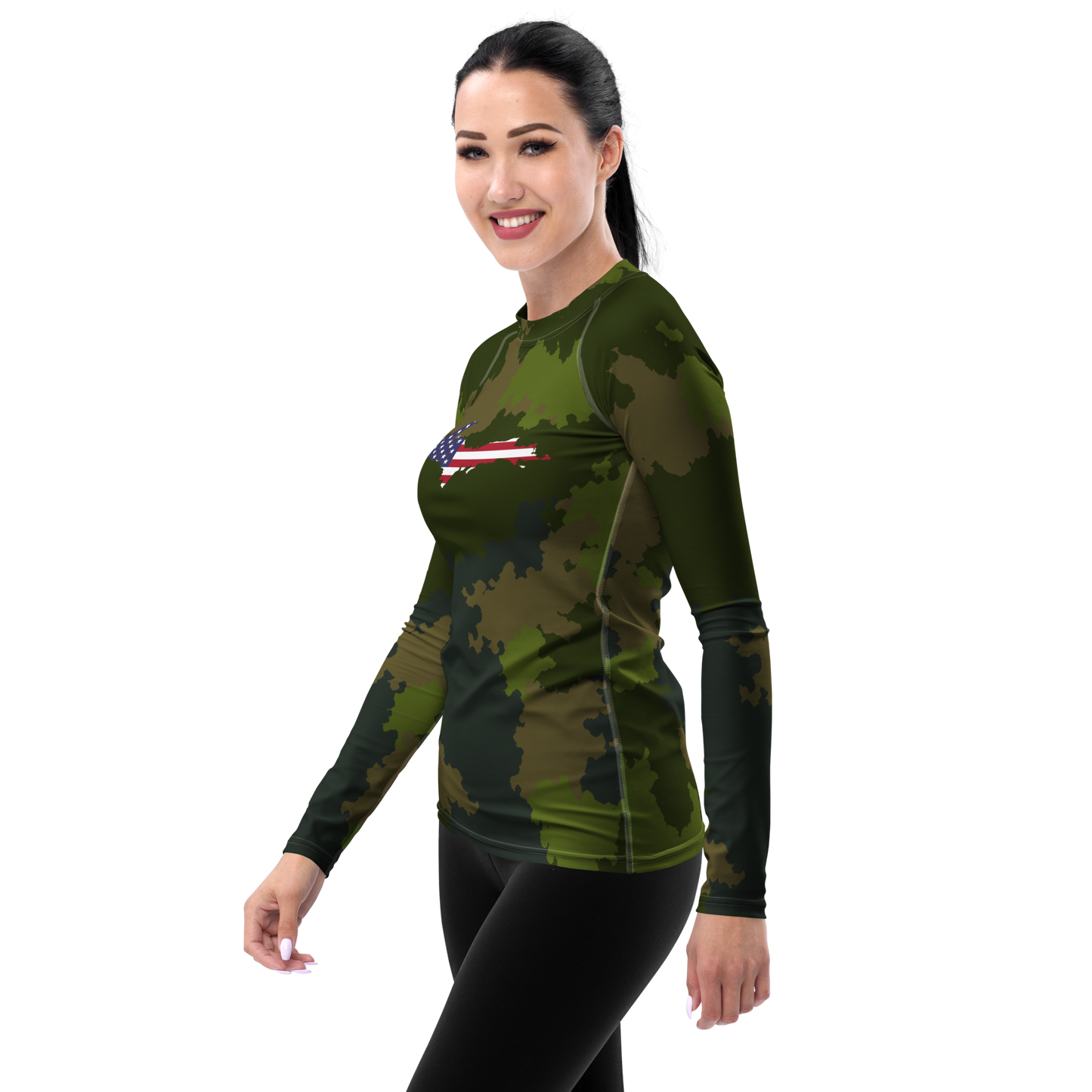 Michigan Upper Peninsula Rash Guard (w/ UP USA Flag) | Women's - Woodland Camo