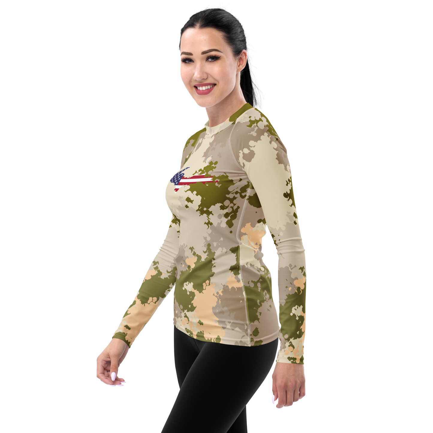 Michigan Upper Peninsula Rash Guard (w/ UP USA Flag) | Women's - Rosy Mound Camo