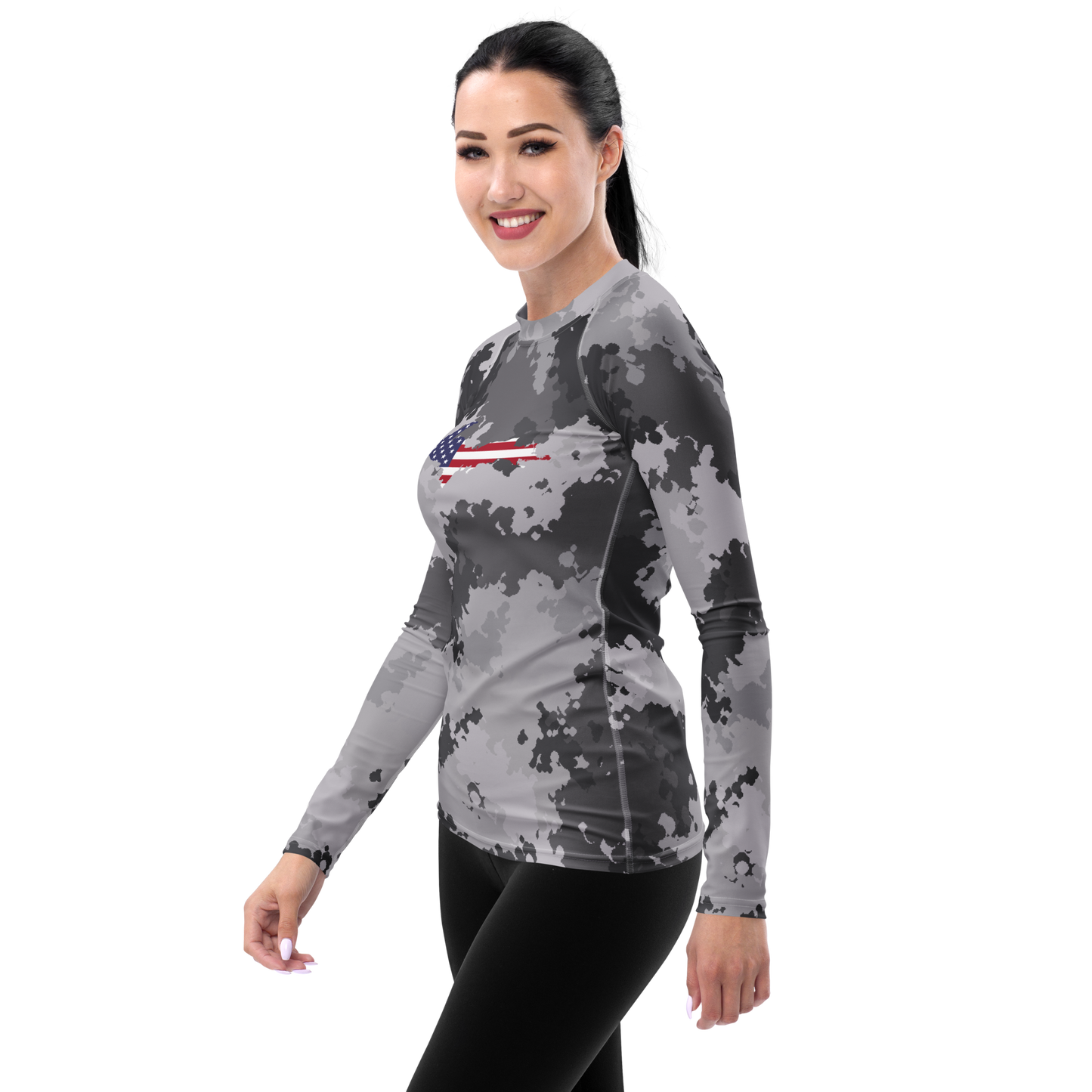 Michigan Upper Peninsula Rash Guard (w/ UP USA Flag) | Women's - Iron Ore Camo