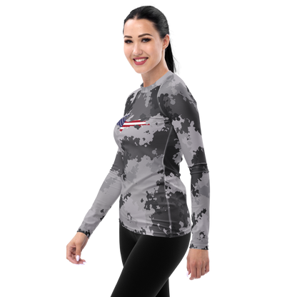 Michigan Upper Peninsula Rash Guard (w/ UP USA Flag) | Women's - Iron Ore Camo