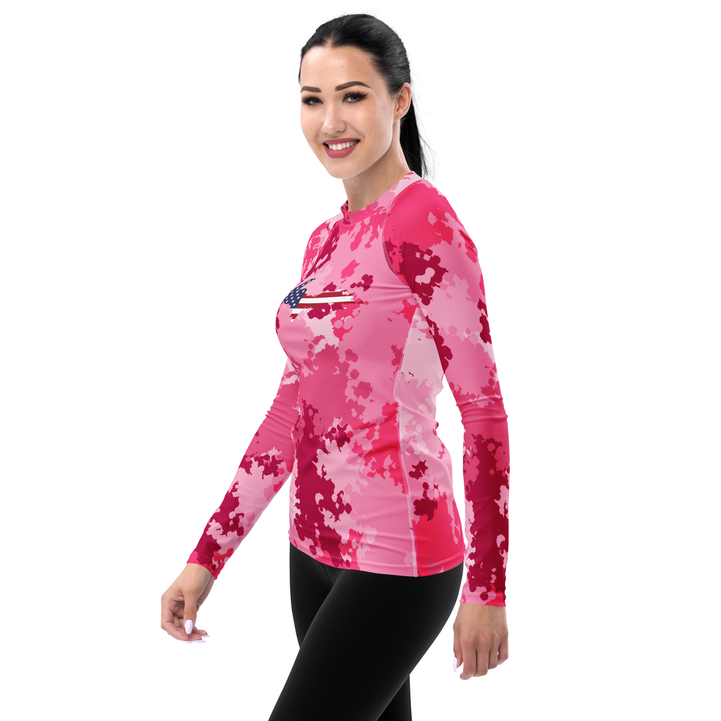 Michigan Upper Peninsula Rash Guard (w/ UP USA Flag) | Women's - Pink Camo