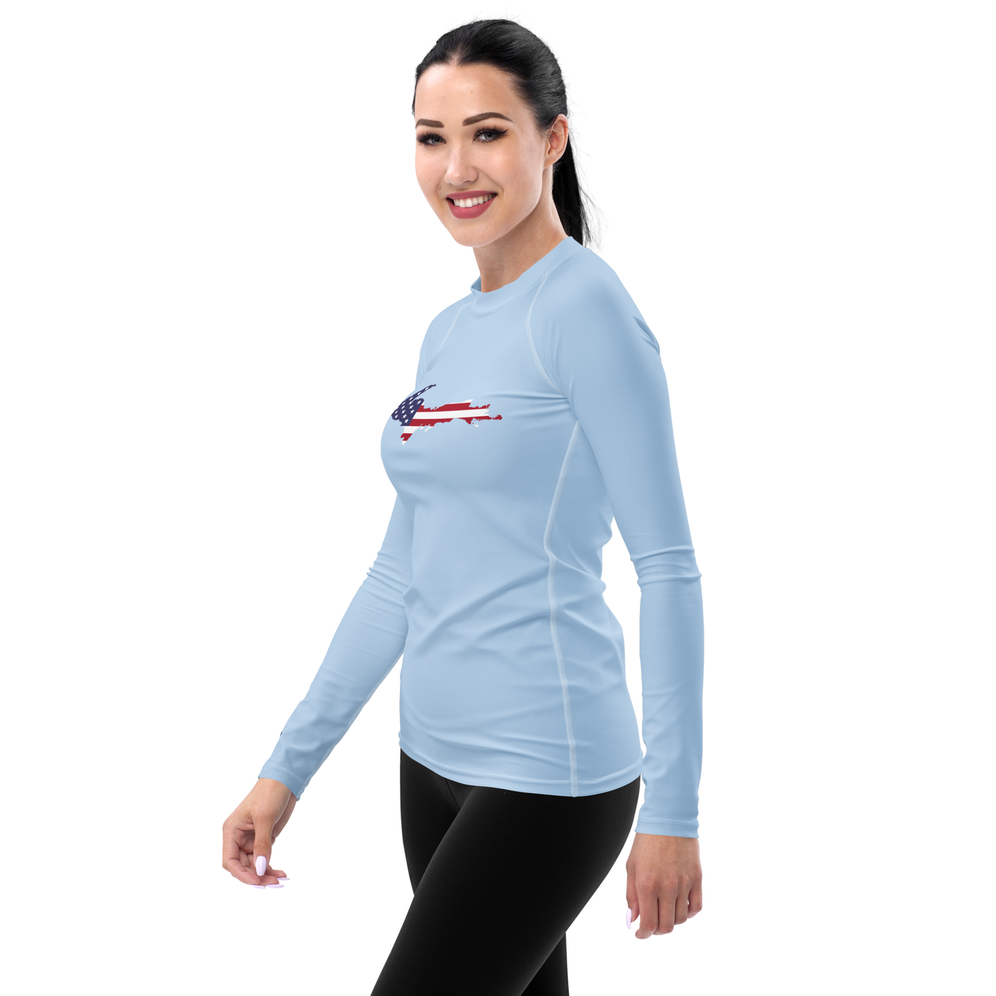 Michigan Upper Peninsula Rash Guard (w/ UP USA Flag) | Women's - Light Blue