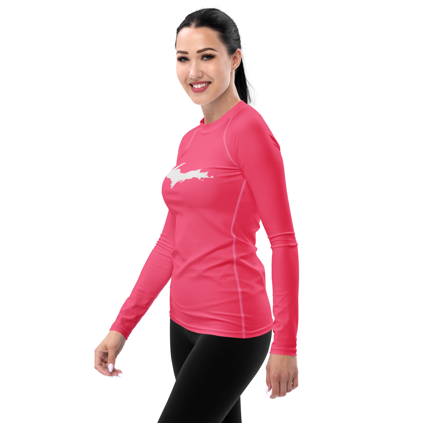 Michigan Upper Peninsula Rash Guard (w/ UP Outline) | Women's - Rhodochrosite Pink