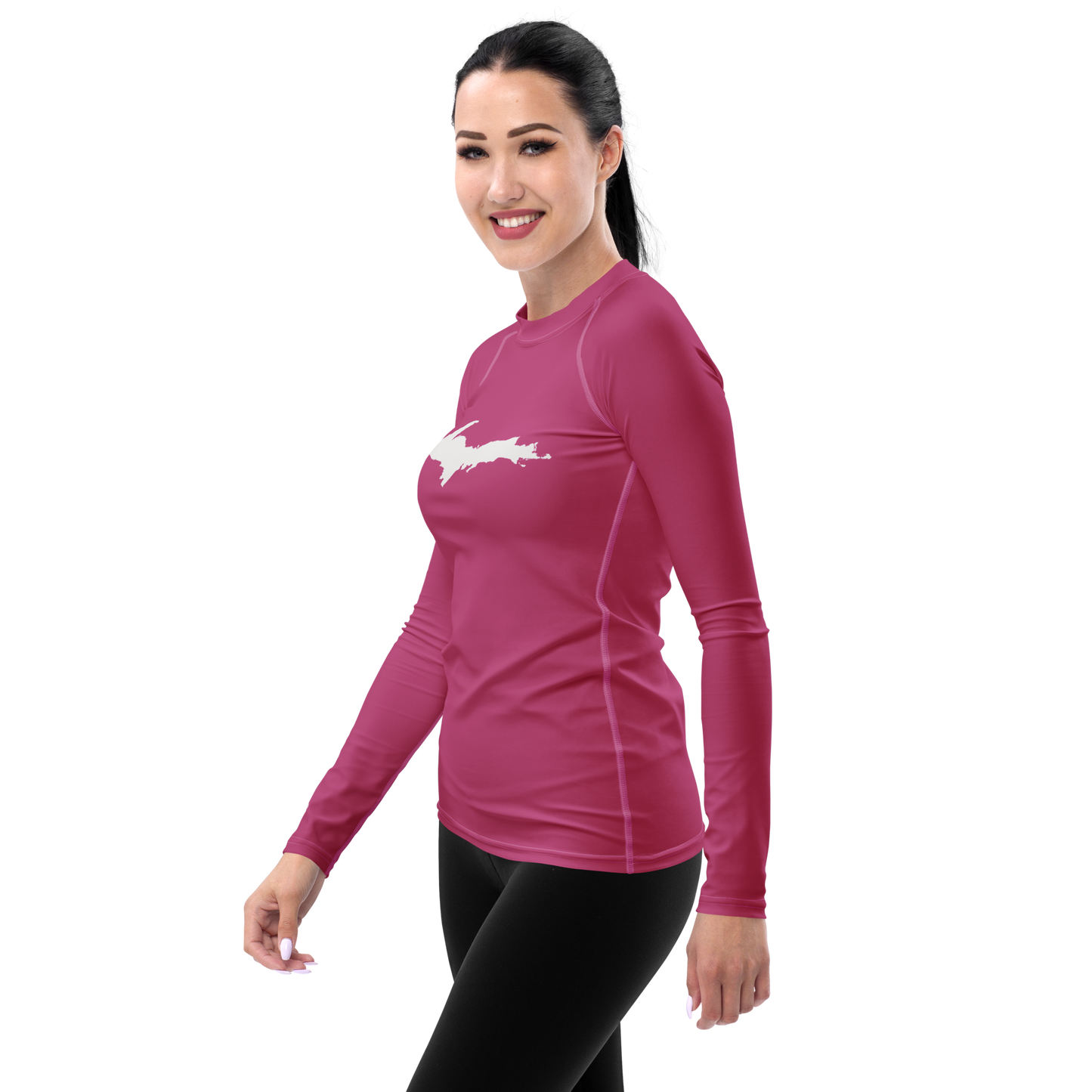 Michigan Upper Peninsula Rash Guard (w/ UP Outline) | Women's - Apple Blossom Pink