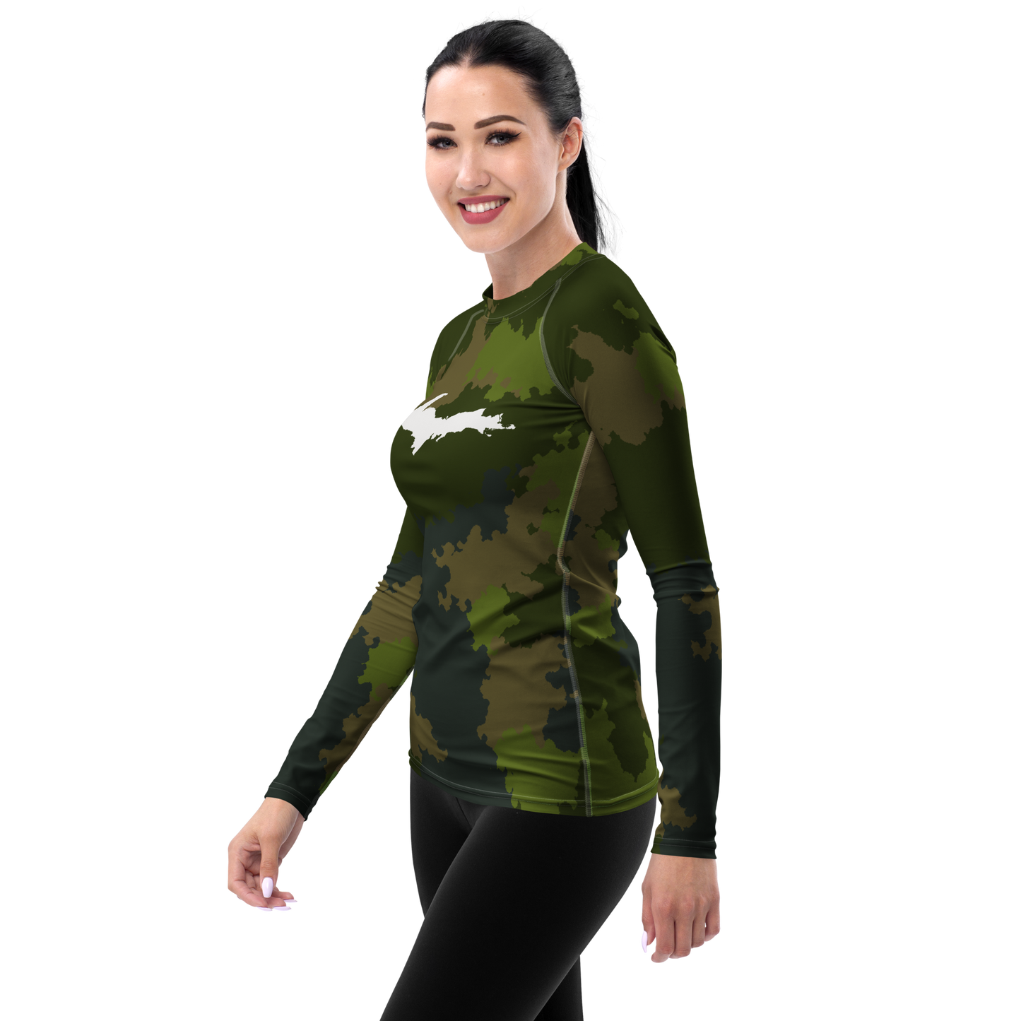 Michigan Upper Peninsula Rash Guard (w/ UP Outline) | Women's - Woodland Camo