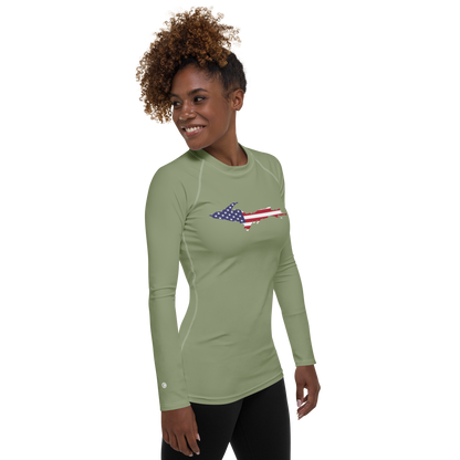 Michigan Upper Peninsula Rash Guard (w/ UP USA Flag) | Women's - Beachgrass Green