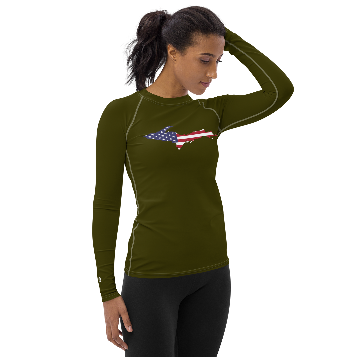 Michigan Upper Peninsula Rash Guard (w/ UP USA Flag) | Women's - Military Green