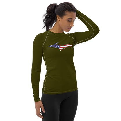 Michigan Upper Peninsula Rash Guard (w/ UP USA Flag) | Women's - Military Green