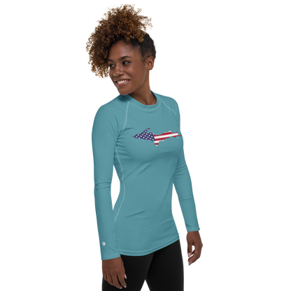 Michigan Upper Peninsula Rash Guard (w/ UP USA Flag) | Women's - Lake Huron Blue