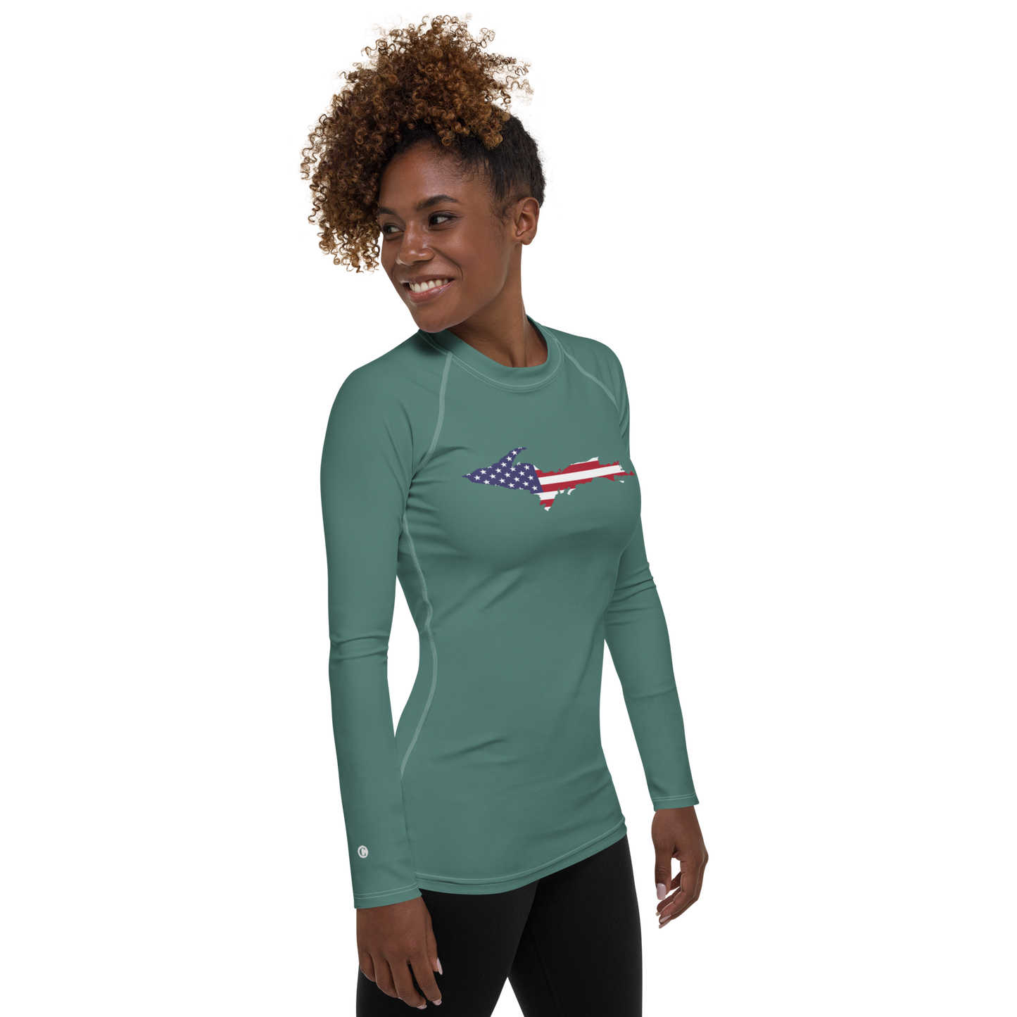 Michigan Upper Peninsula Rash Guard (w/ UP USA Flag) | Women's - Copper Green