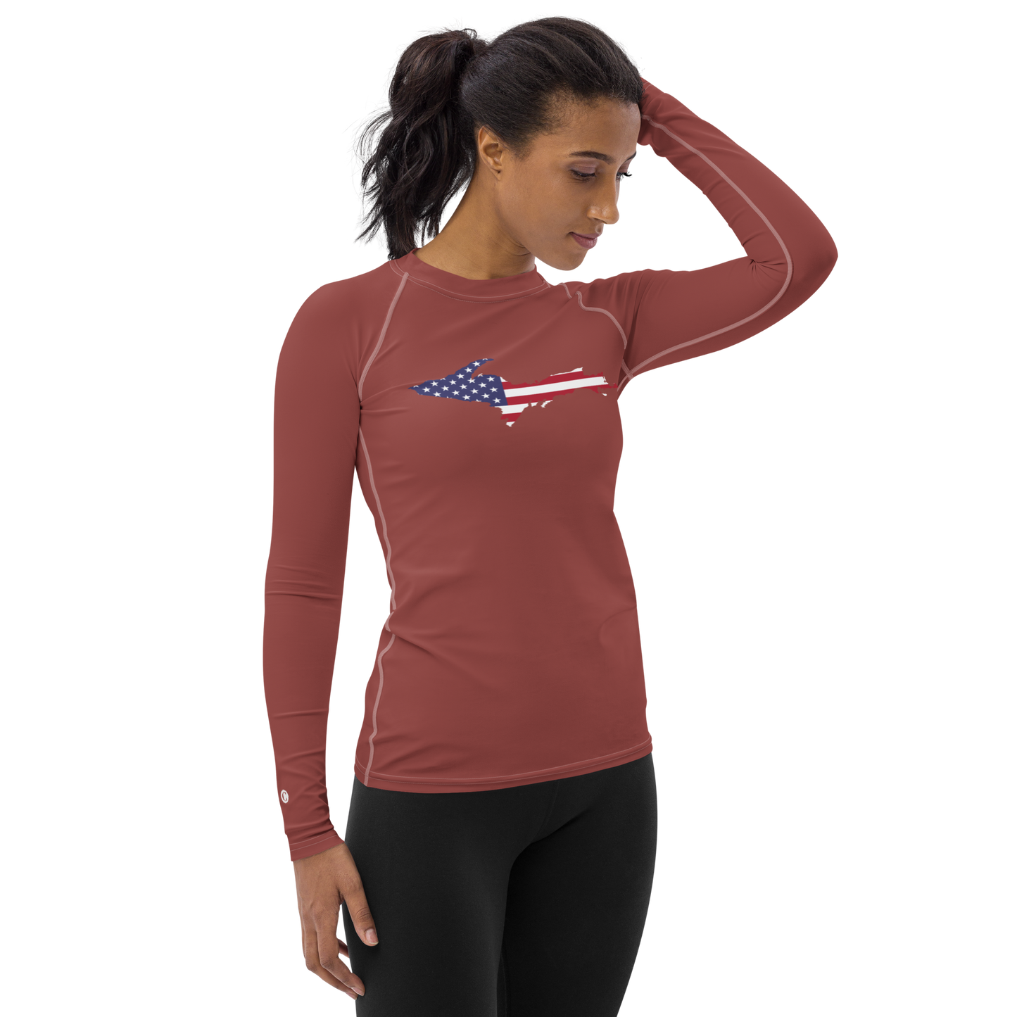 Michigan Upper Peninsula Rash Guard (w/ UP USA Flag) | Women's - Ore Dock Red