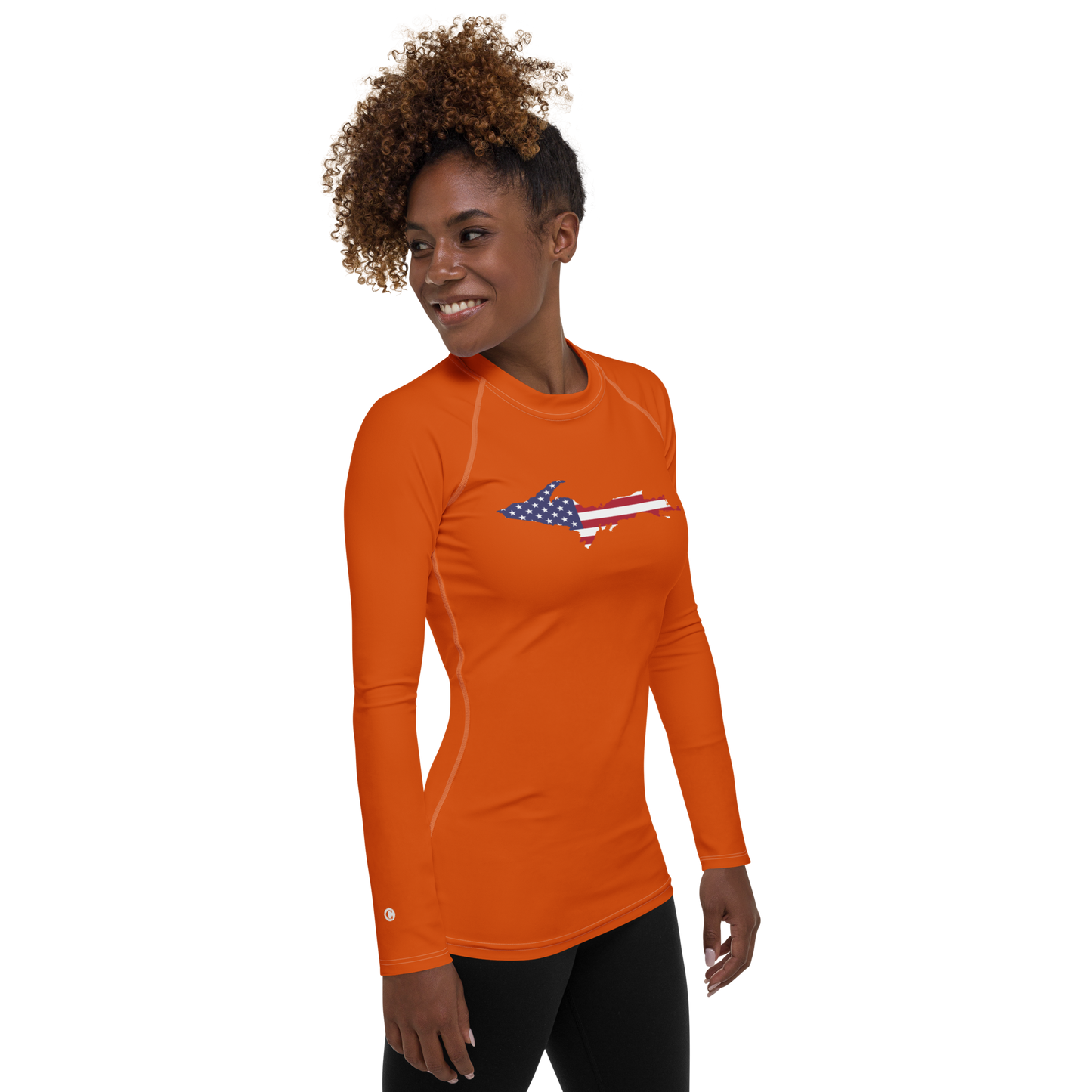 Michigan Upper Peninsula Rash Guard (w/ UP USA Flag) | Women's - Maple Leaf Orange