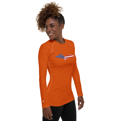 Michigan Upper Peninsula Rash Guard (w/ UP USA Flag) | Women's - Maple Leaf Orange