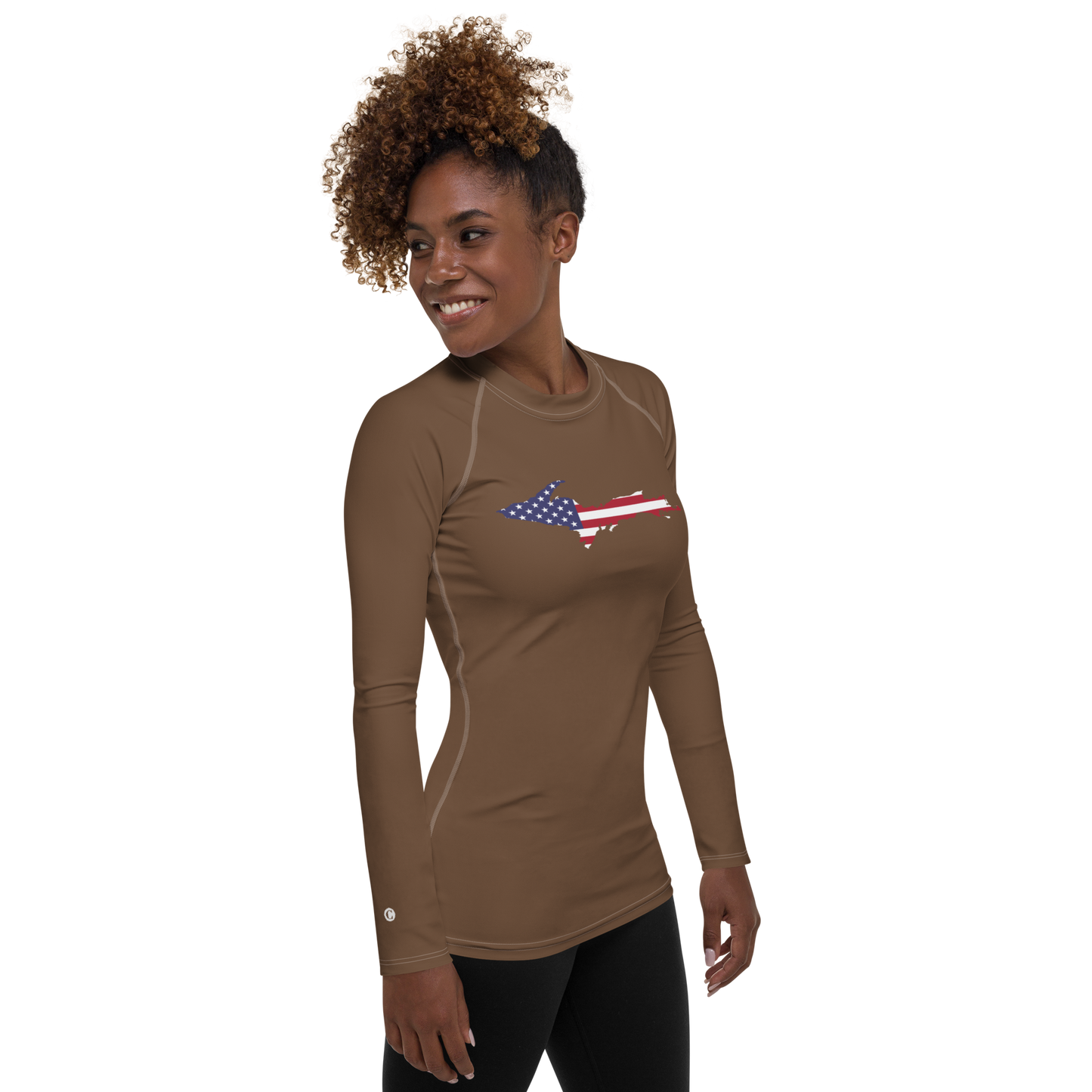 Michigan Upper Peninsula Rash Guard (w/ UP USA Flag) | Women's - Coffee Color