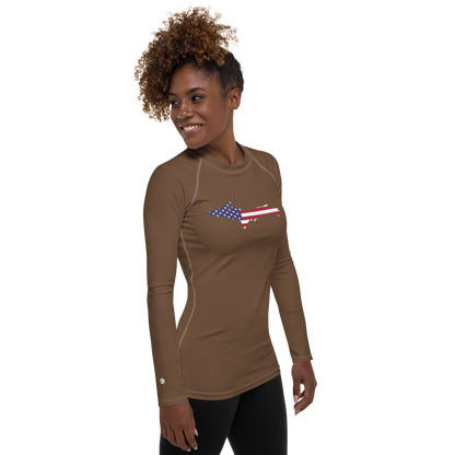 Michigan Upper Peninsula Rash Guard (w/ UP USA Flag) | Women's - Coffee Color