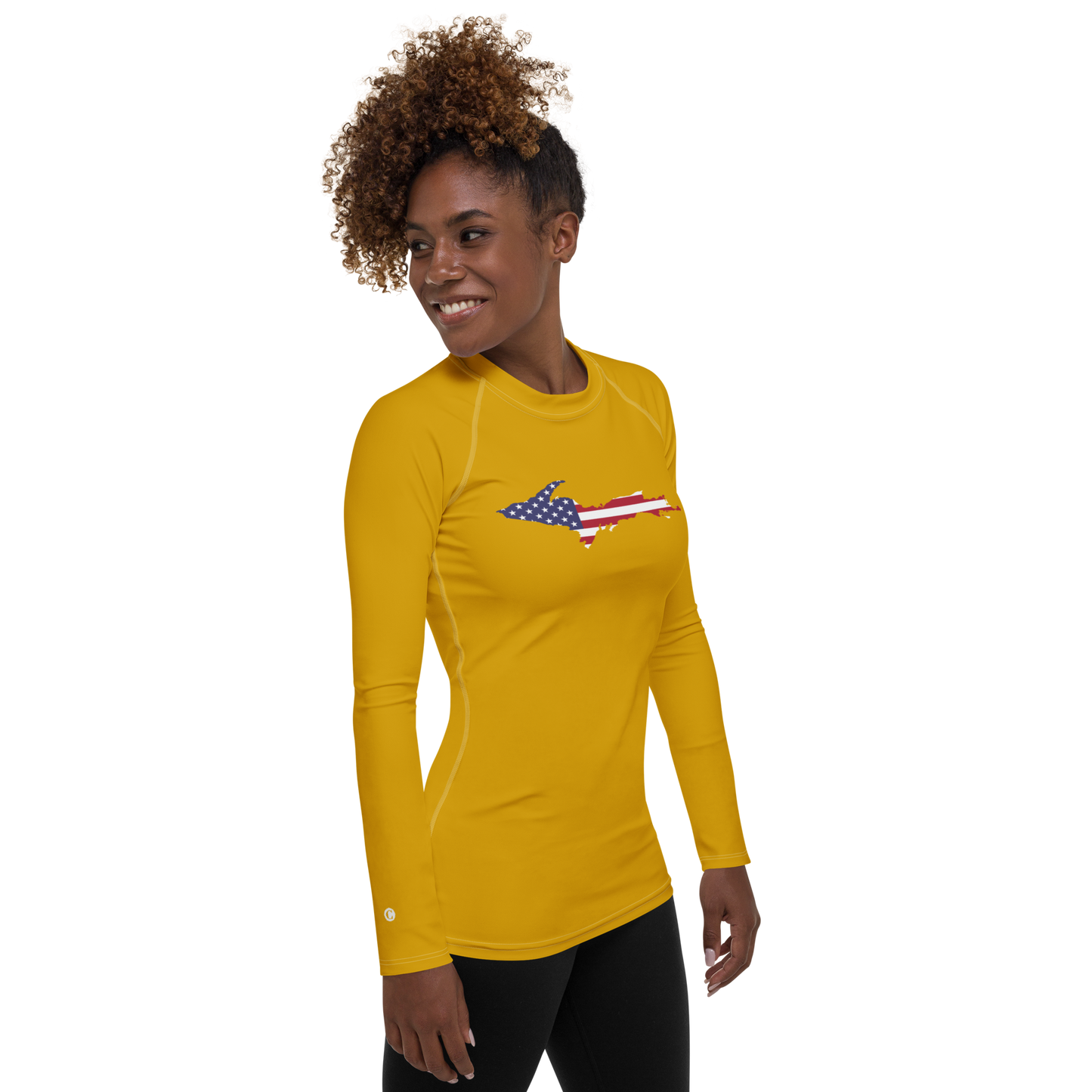 Michigan Upper Peninsula Rash Guard (w/ UP USA Flag) | Women's - Gold