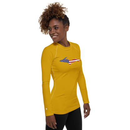 Michigan Upper Peninsula Rash Guard (w/ UP USA Flag) | Women's - Gold