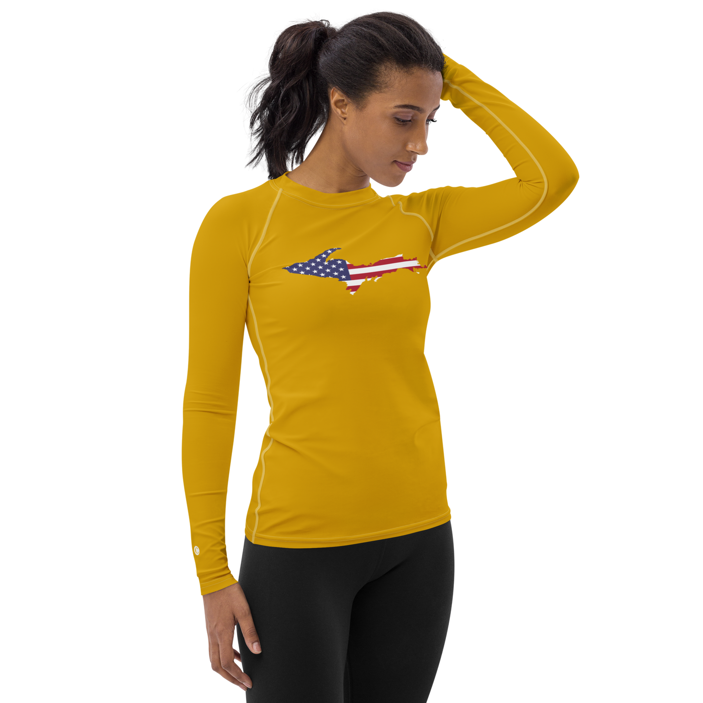 Michigan Upper Peninsula Rash Guard (w/ UP USA Flag) | Women's - Gold