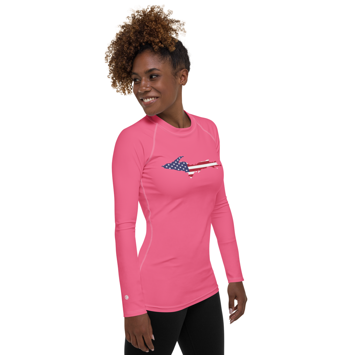 Michigan Upper Peninsula Rash Guard (w/ UP USA Flag) | Women's - Rhodochrosite Pink