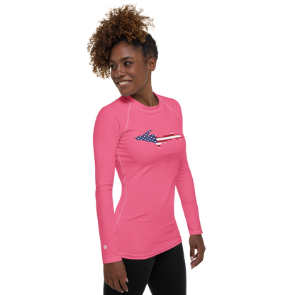 Michigan Upper Peninsula Rash Guard (w/ UP USA Flag) | Women's - Rhodochrosite Pink