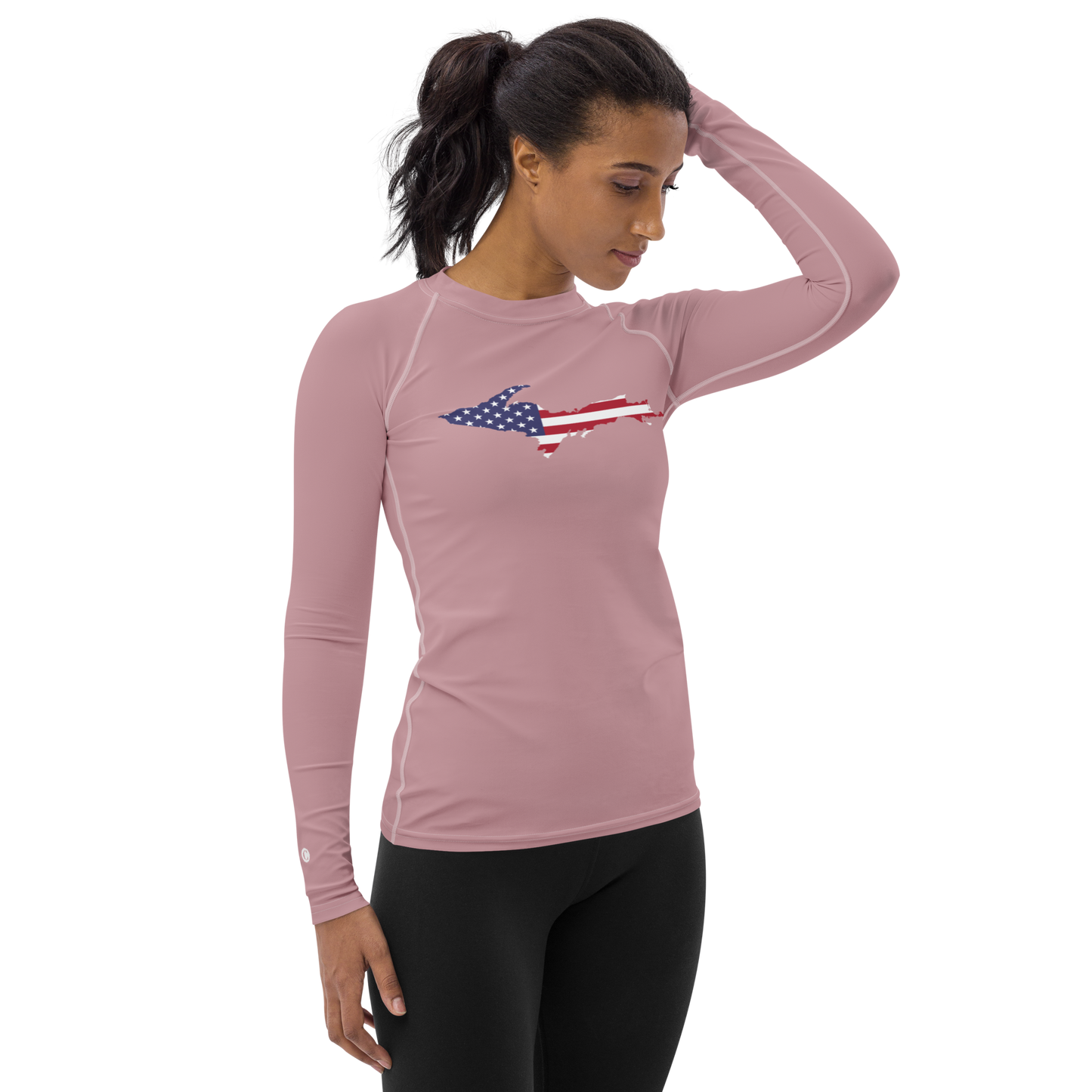 Michigan Upper Peninsula Rash Guard (w/ UP USA Flag) | Women's - Cherry Blossom Pink