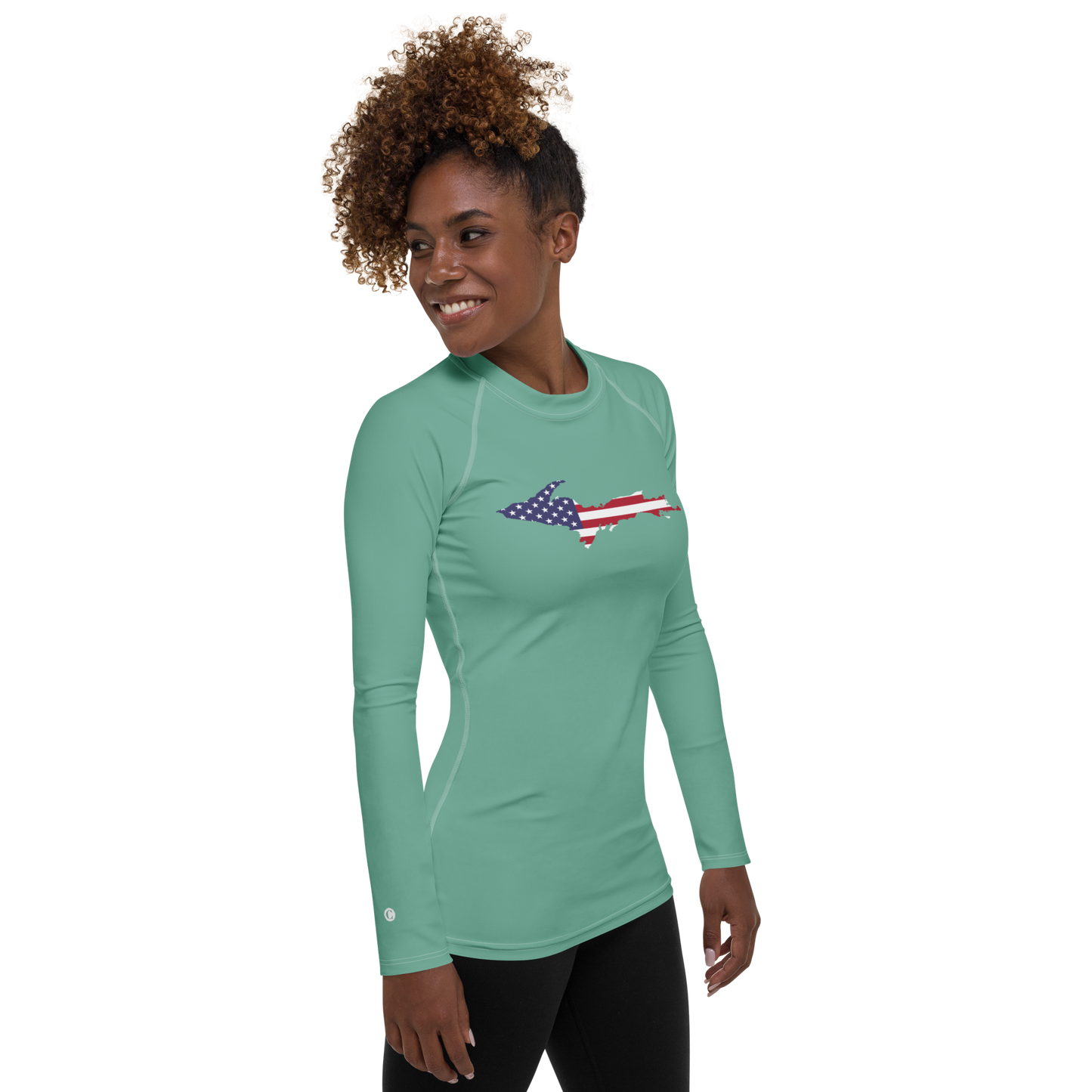 Michigan Upper Peninsula Rash Guard (w/ UP USA Flag) | Women's - Metallic Mint Green