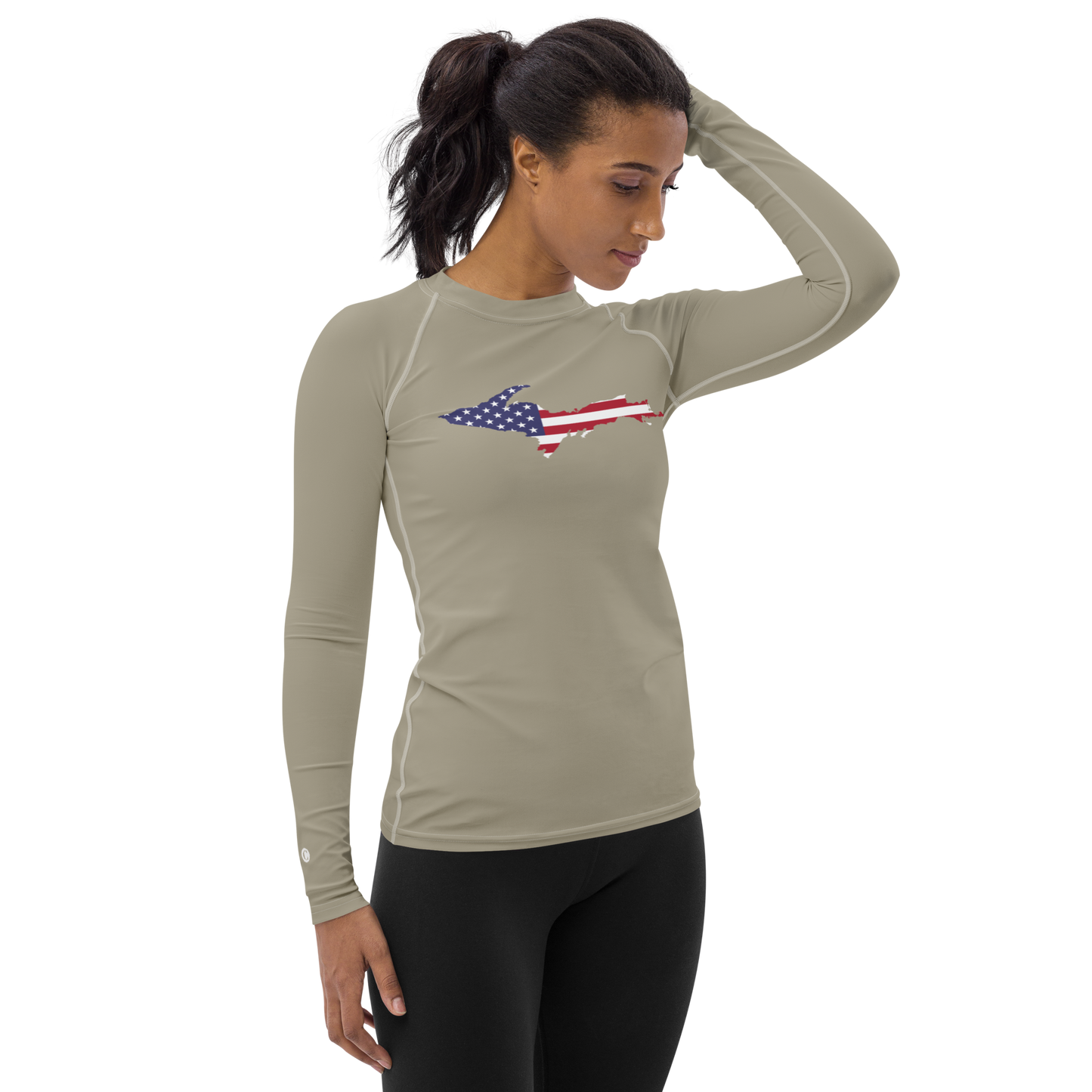 Michigan Upper Peninsula Rash Guard (w/ UP USA Flag) | Women's - Petoskey Stone Grey