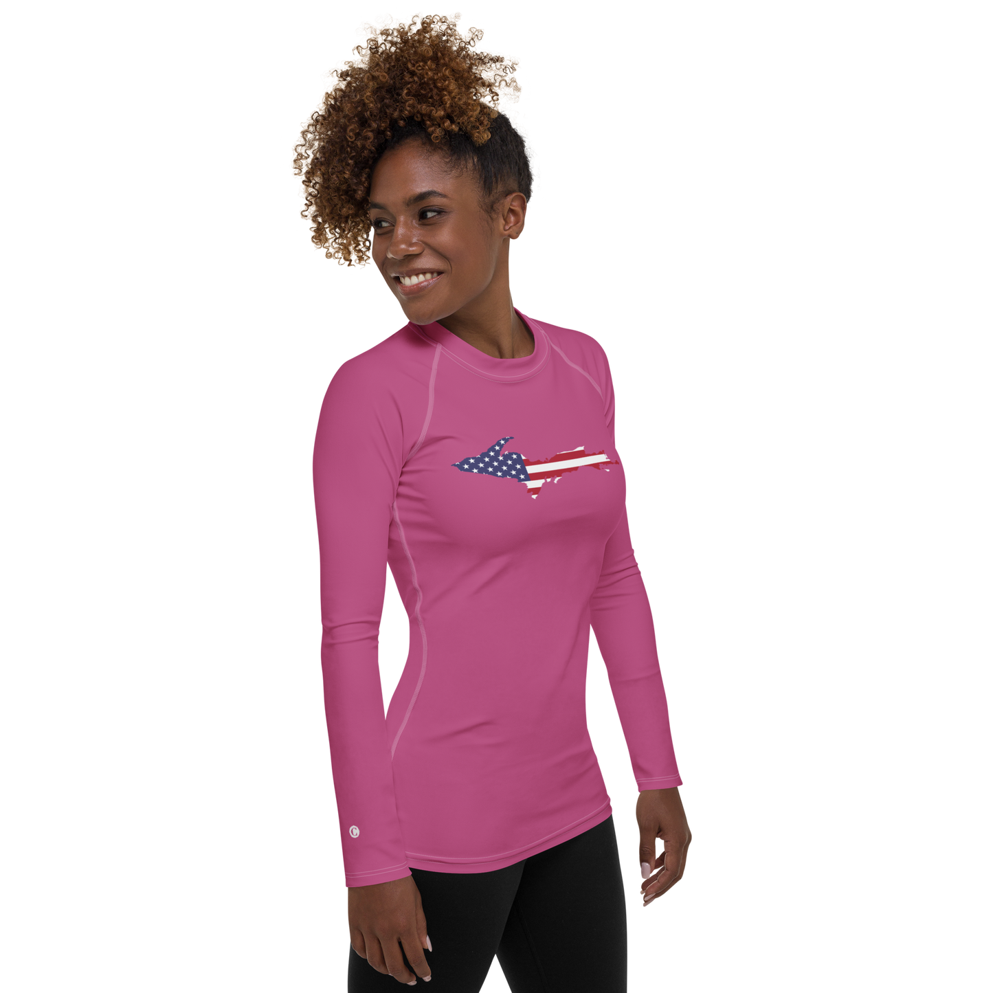 Michigan Upper Peninsula Rash Guard (w/ UP USA Flag) | Women's - Apple Blossom Pink